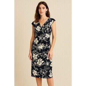 Lauren Ralph Lauren Women's Blue Dress Wrap Midi Floral Surplice Cocktail 14